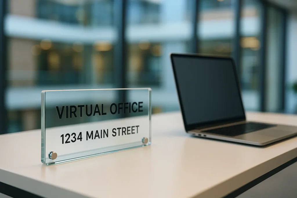 Représentation élégante d’un bureau virtuel avec une adresse professionnelle dans un centre d’affaires moderne