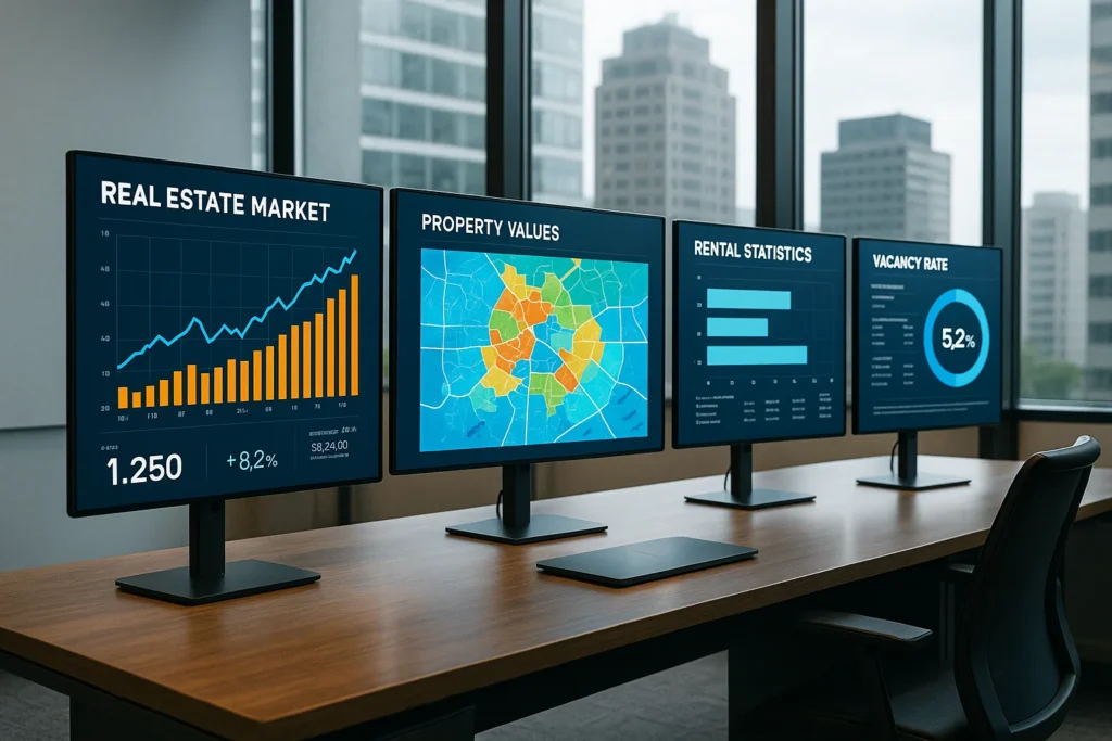 Tableau d’analyse de marché immobilier avec loyers, taux de vacance et tendances régionales affichés sur des écrans dans un bureau moderne
